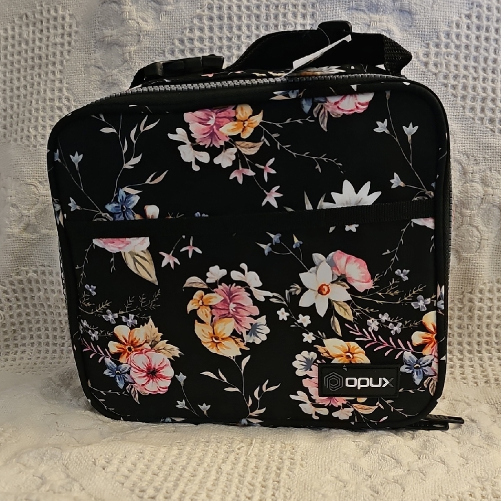 Floral Black Insulated Lunch Bag With Bonus Divided Food Container